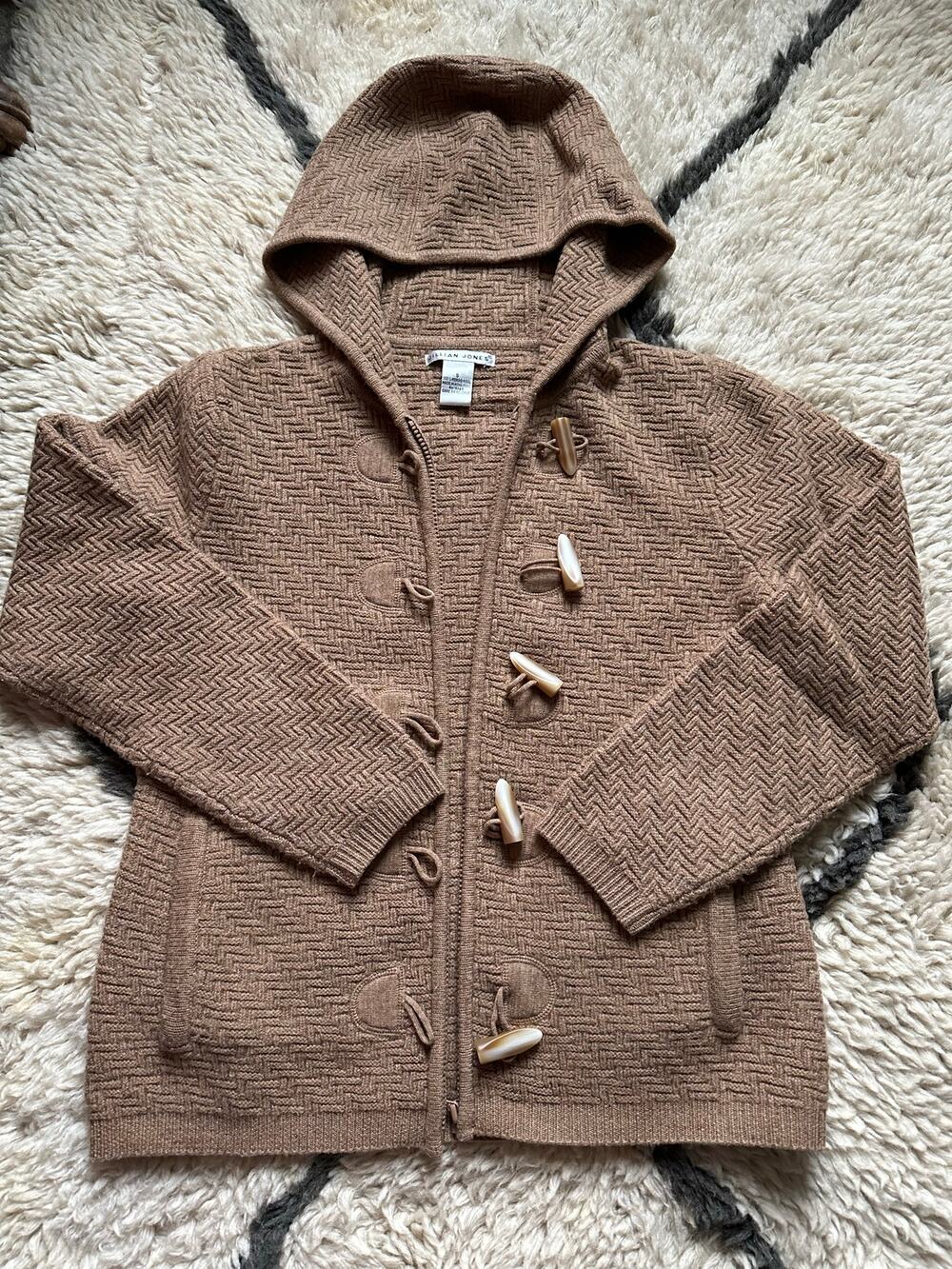 Jillian Jones wool Knit Cardigan Toggle zipped hooded beige sz S